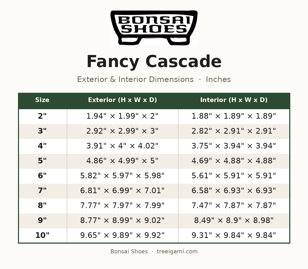 Bonsai Shoes Fancy Cascade dimension chart