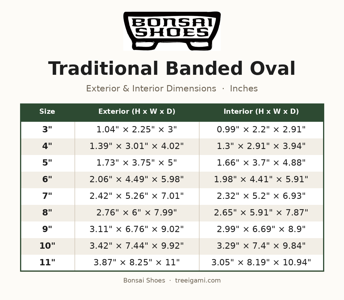 Bonsai Shoes Traditional Banded Oval dimension chart