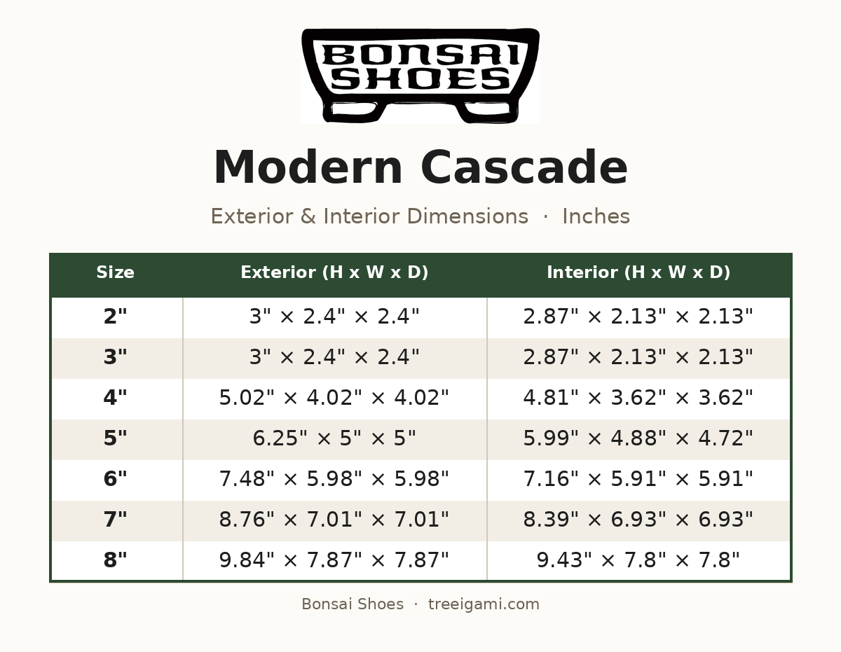 Bonsai Shoes Modern Cascade dimension chart