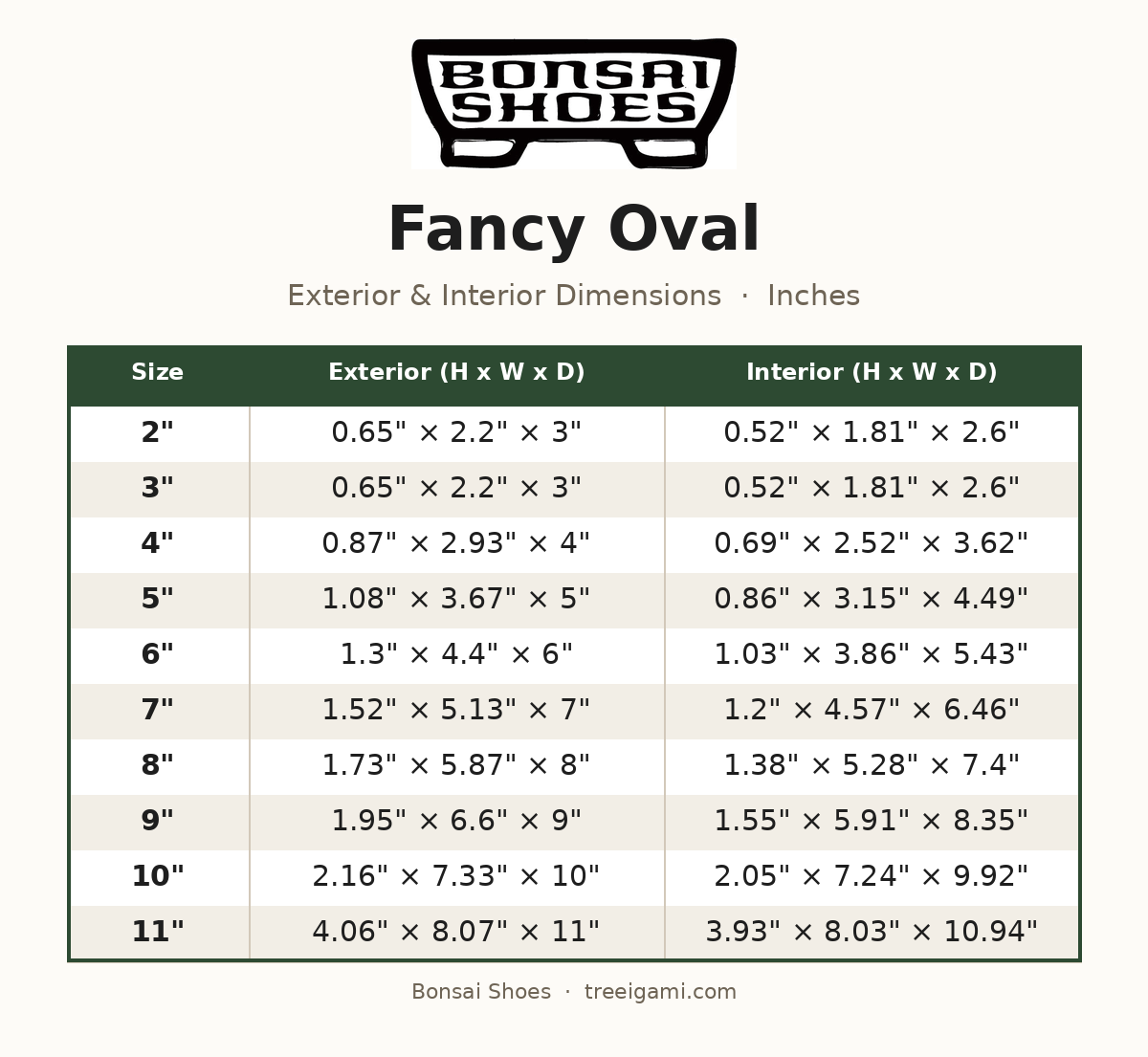 Bonsai Shoes Fancy Oval dimension chart