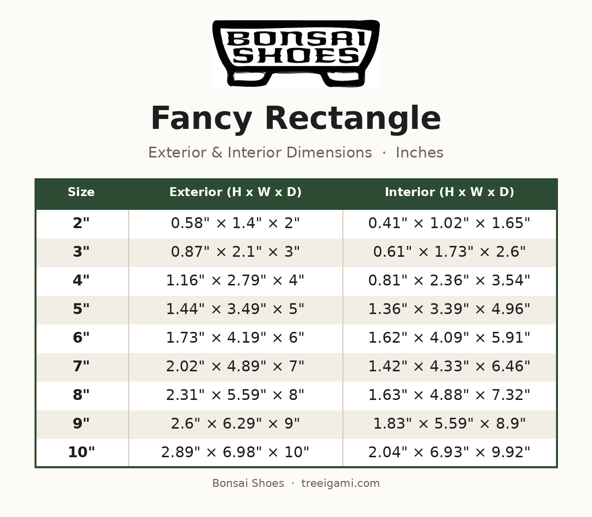 Bonsai Shoes Fancy Rectangle dimension chart