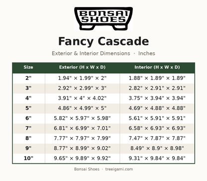 Bonsai Shoes Fancy Cascade dimension chart