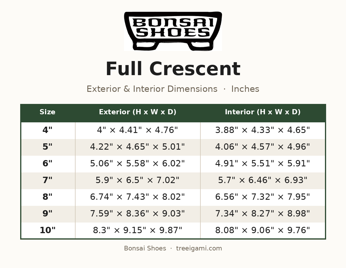 Bonsai Shoes Full Crescent dimension chart