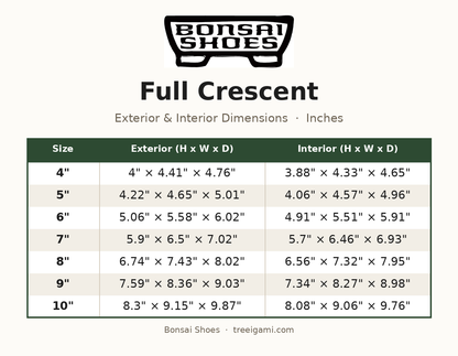 Bonsai Shoes Full Crescent dimension chart
