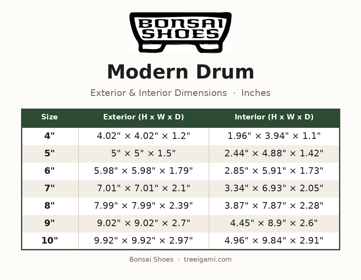 Bonsai Shoes Modern Drum dimension chart