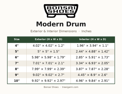 Bonsai Shoes Modern Drum dimension chart