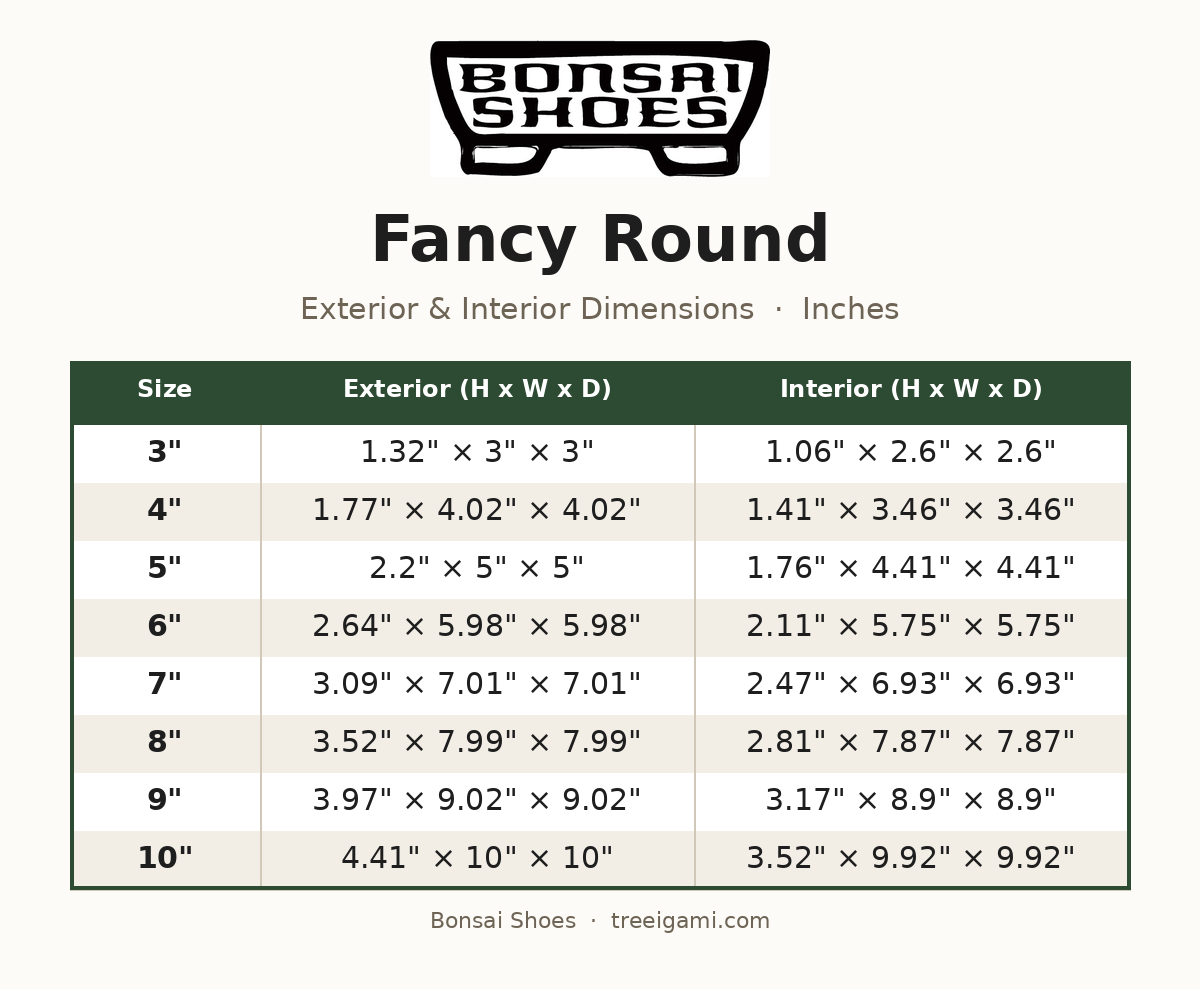 Bonsai Shoes Fancy Round dimension chart