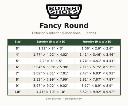 Bonsai Shoes Fancy Round dimension chart