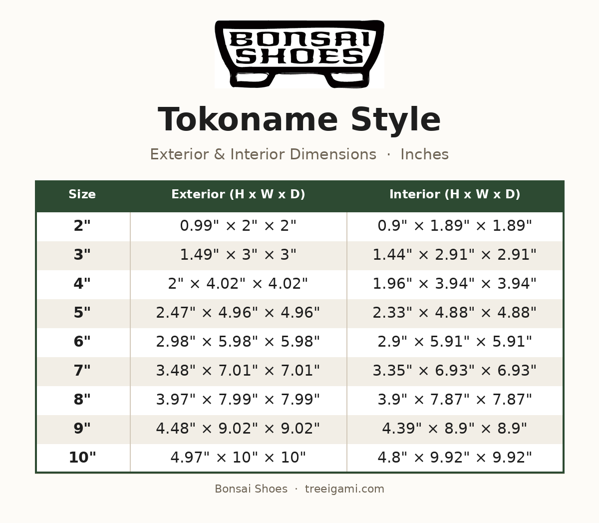 Bonsai Shoes Tokoname Style dimension chart