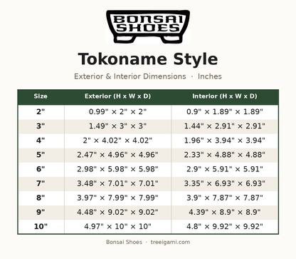 Bonsai Shoes Tokoname Style dimension chart