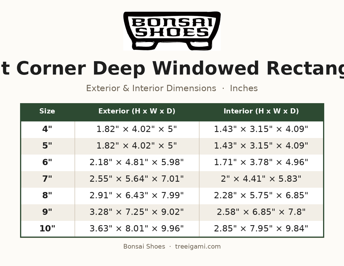 Bonsai Shoes Cut Corner Deep Windowed Rectangle dimension chart