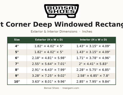 Bonsai Shoes Cut Corner Deep Windowed Rectangle dimension chart