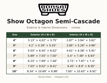 Bonsai Shoes Show Octagon Semi-Cascade dimension chart