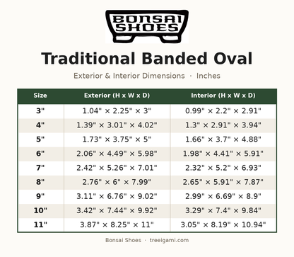 Bonsai Shoes Traditional Banded Oval dimension chart