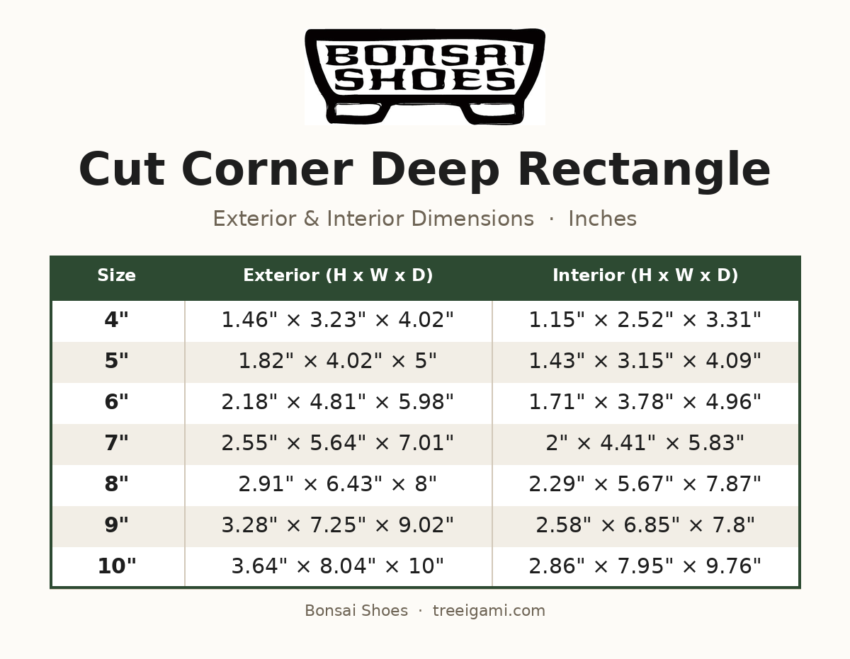 Bonsai Shoes Cut Corner Deep Rectangle dimension chart