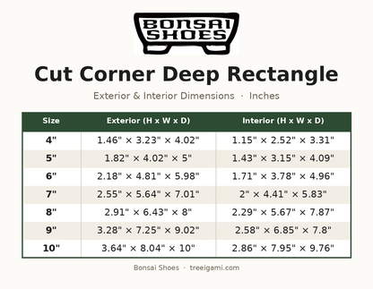 Bonsai Shoes Cut Corner Deep Rectangle dimension chart