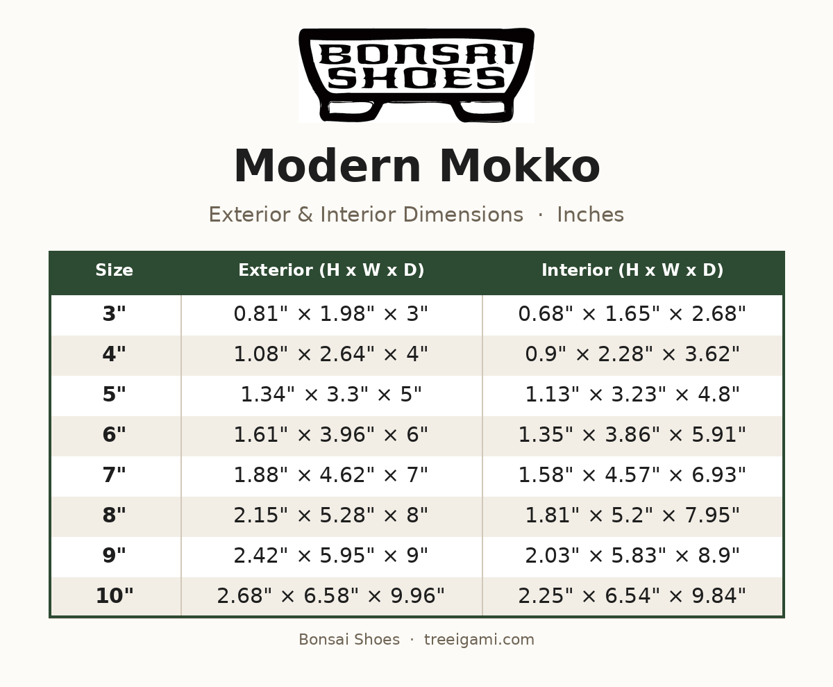 Bonsai Shoes Modern Mokko dimension chart