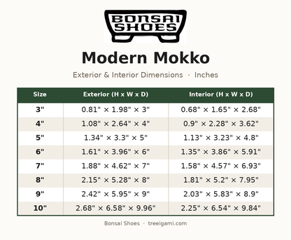 Bonsai Shoes Modern Mokko dimension chart