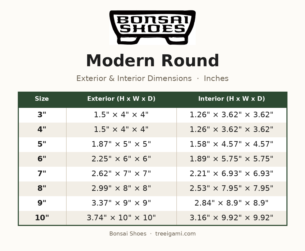 Bonsai Shoes Modern Round dimension chart
