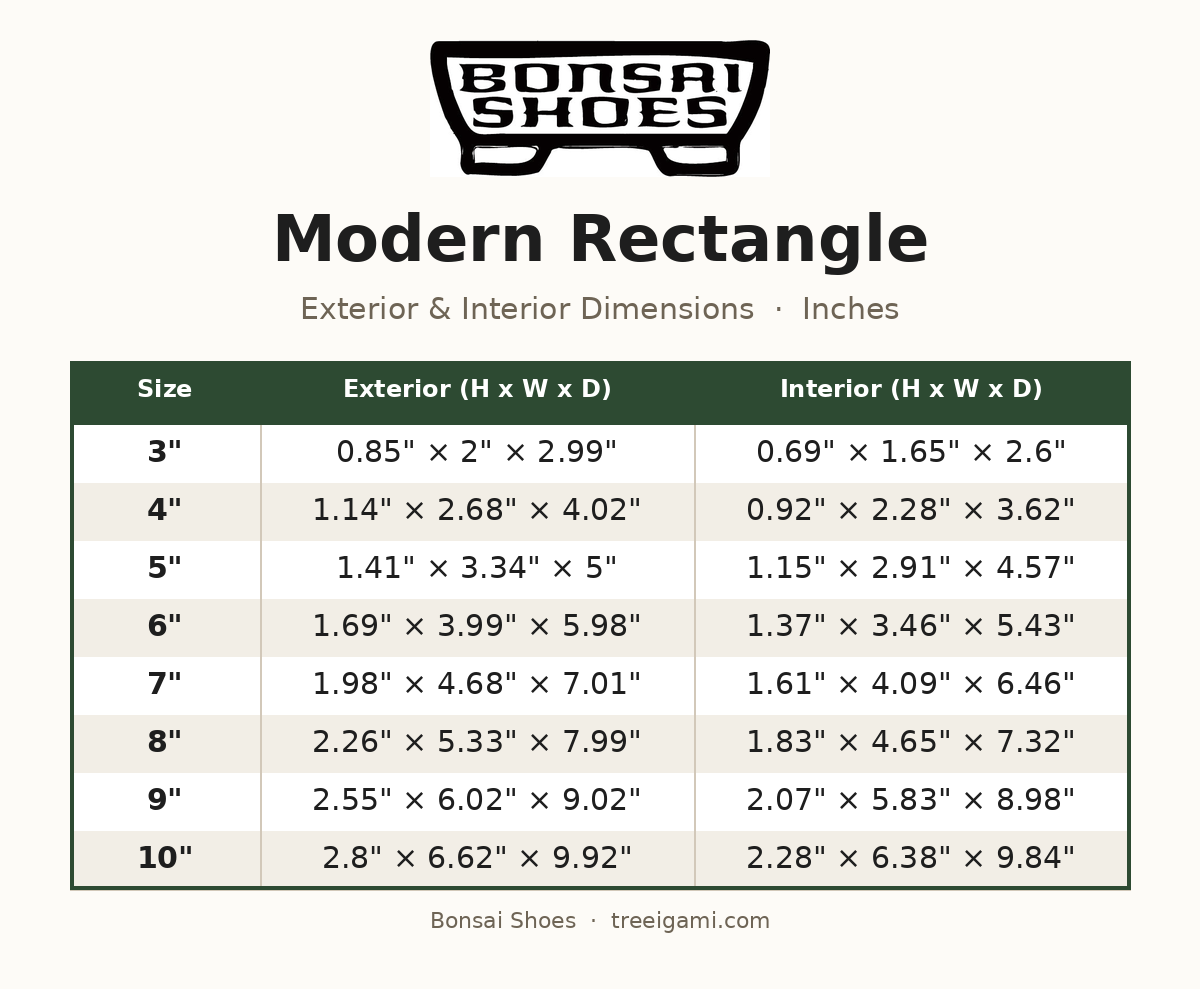 Bonsai Shoes Modern Rectangle dimension chart