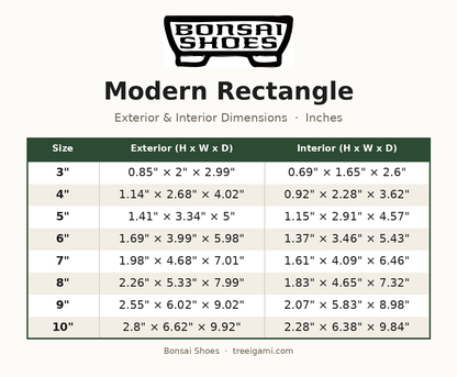 Bonsai Shoes Modern Rectangle dimension chart