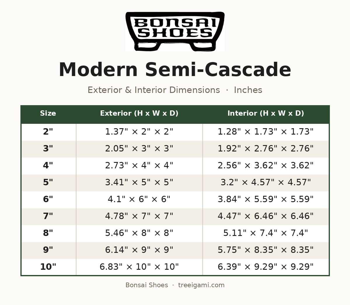 Bonsai Shoes Modern Semi-Cascade dimension chart