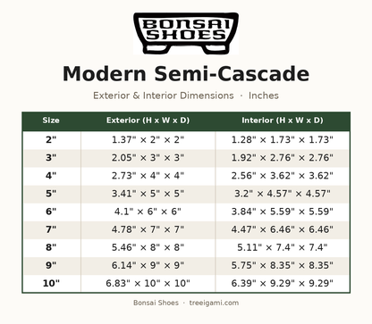 Bonsai Shoes Modern Semi-Cascade dimension chart