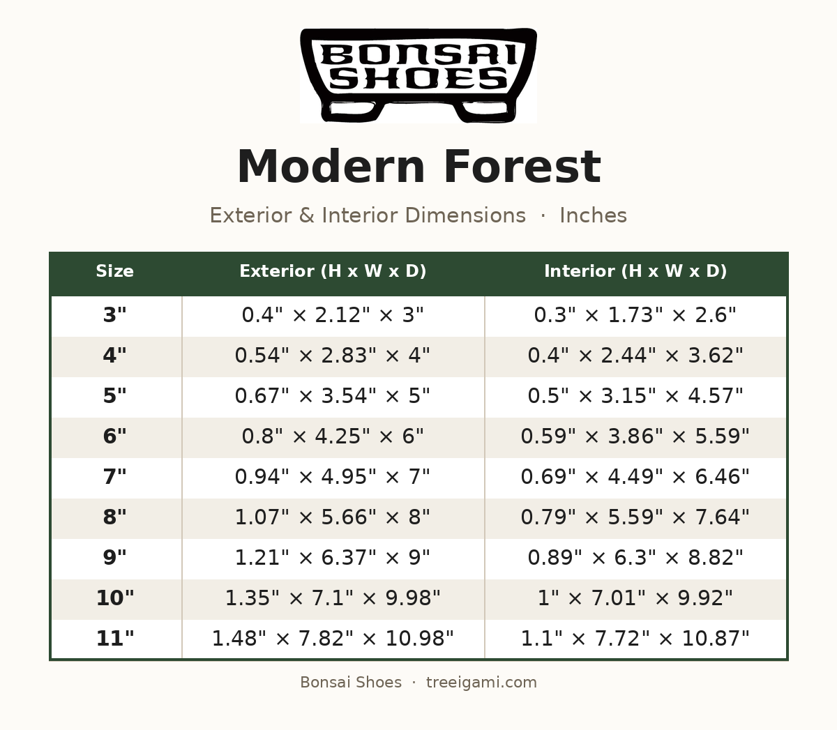 Bonsai Shoes Modern Forest dimension chart