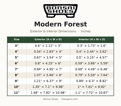 Bonsai Shoes Modern Forest dimension chart