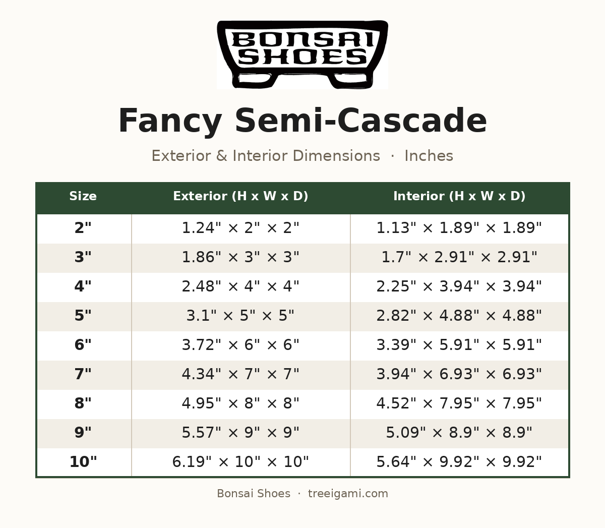 Bonsai Shoes Fancy Semi-Cascade dimension chart
