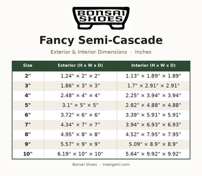 Bonsai Shoes Fancy Semi-Cascade dimension chart