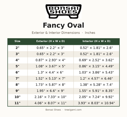 Bonsai Shoes Fancy Oval dimension chart