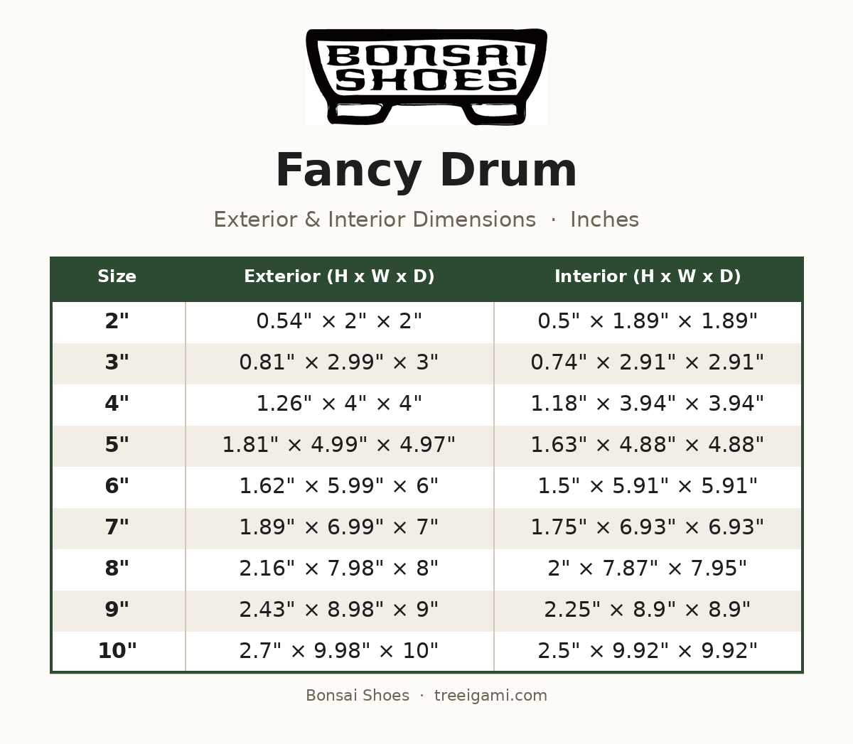 Bonsai Shoes Fancy Drum dimension chart