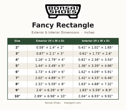 Bonsai Shoes Fancy Rectangle dimension chart